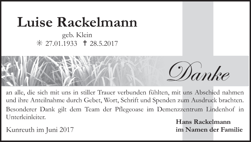  Traueranzeige für Luise Rackelmann vom 10.06.2017 aus MGO
