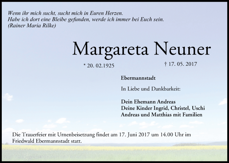  Traueranzeige für Margareta Neuner vom 10.06.2017 aus MGO
