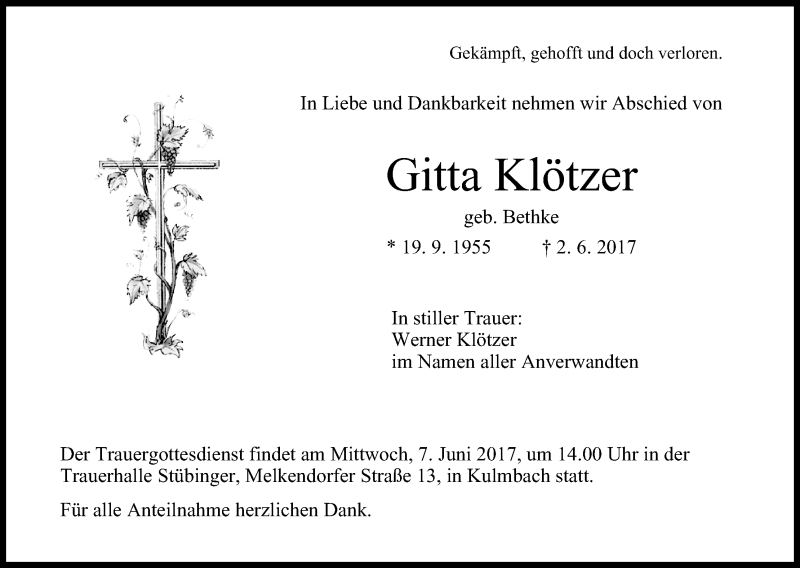  Traueranzeige für Gitta Klötzer vom 06.06.2017 aus MGO
