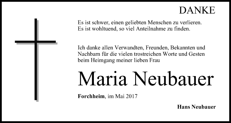  Traueranzeige für Maria Neubauer vom 03.06.2017 aus MGO