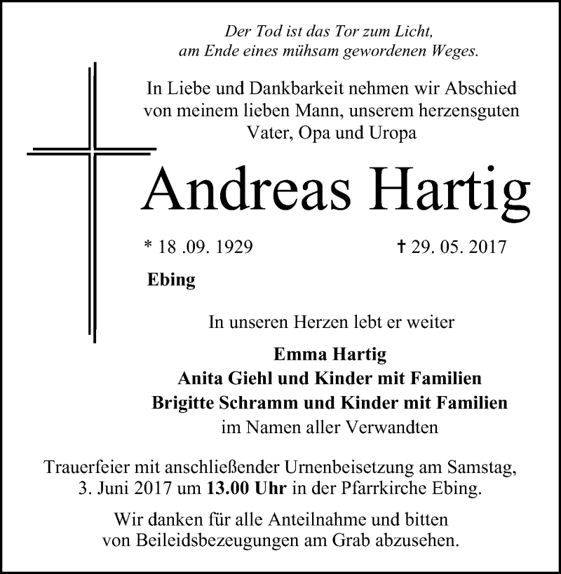  Traueranzeige für Andreas Hartig vom 01.06.2017 aus MGO