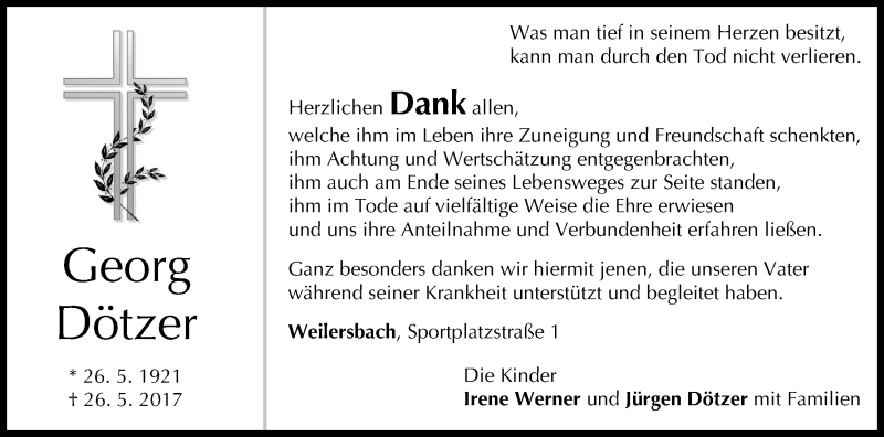  Traueranzeige für Georg Dötzer vom 03.06.2017 aus MGO