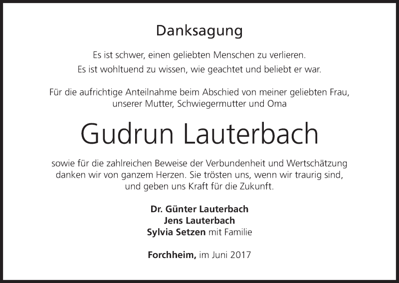  Traueranzeige für Gudrun Lauterbach vom 03.06.2017 aus MGO