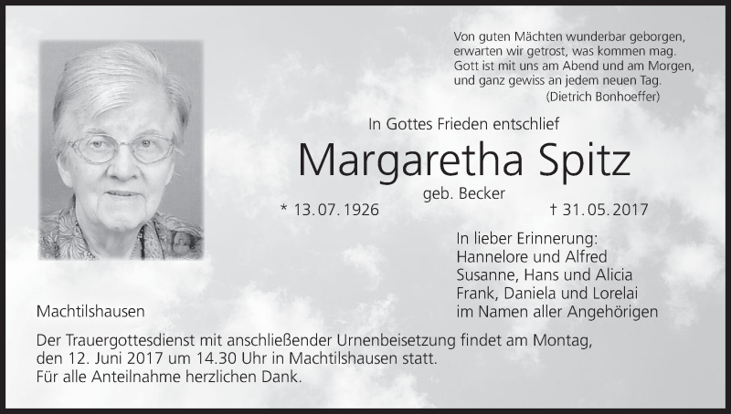  Traueranzeige für Margaretha Spitz vom 08.06.2017 aus MGO