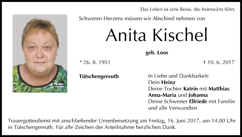  Traueranzeige für Anita Kischel vom 13.06.2017 aus MGO