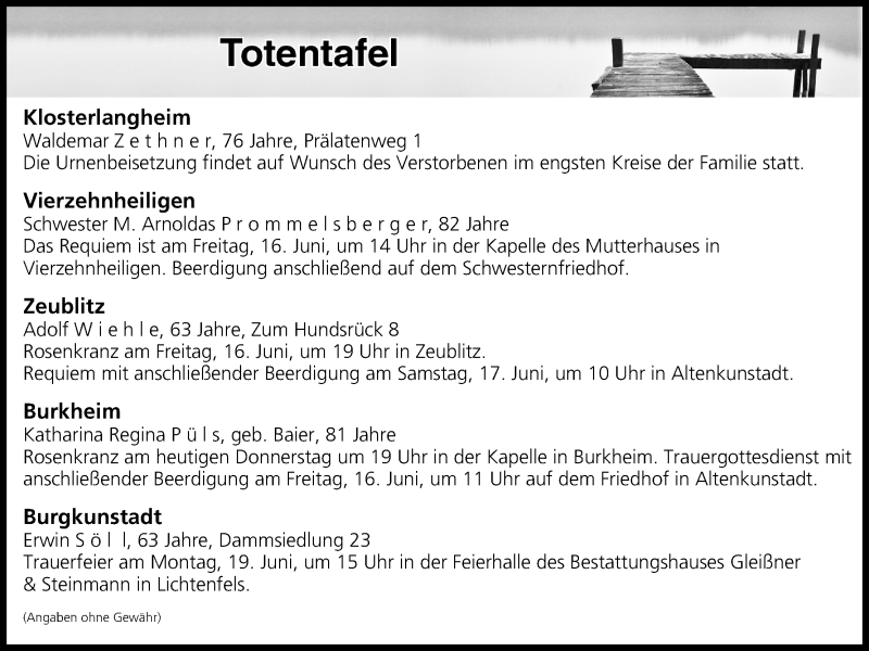  Traueranzeige für Totentafel vom 15.06.2017 vom 15.06.2017 aus MGO