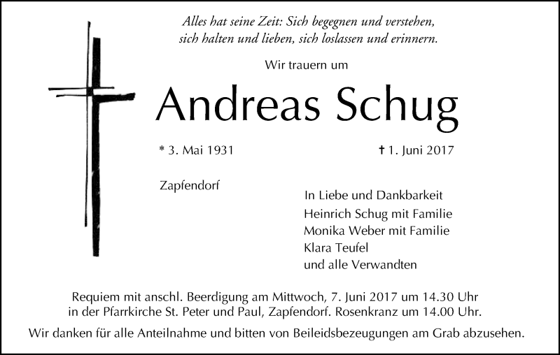  Traueranzeige für Andreas Schug vom 03.06.2017 aus MGO