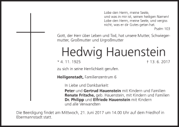 Anzeige von Hedwig Hauenstein von MGO