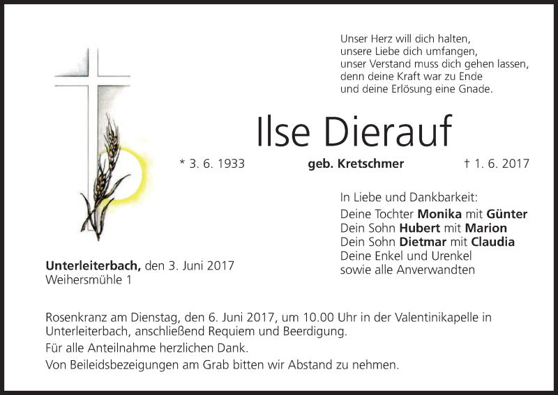  Traueranzeige für Ilse Dierauf vom 03.06.2017 aus MGO