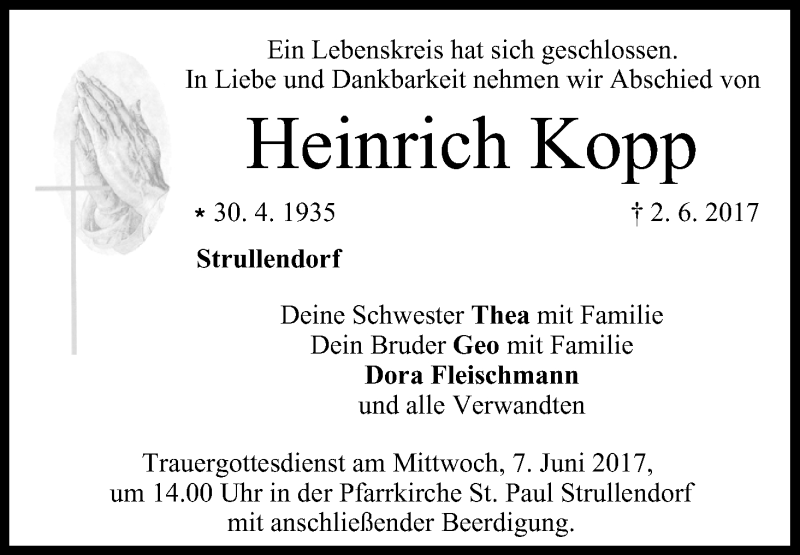  Traueranzeige für Heinrich Kopp vom 03.06.2017 aus MGO