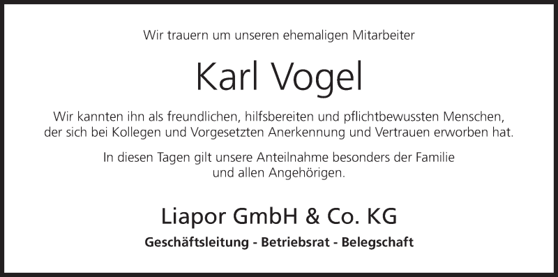  Traueranzeige für Karl Vogel vom 07.06.2017 aus MGO