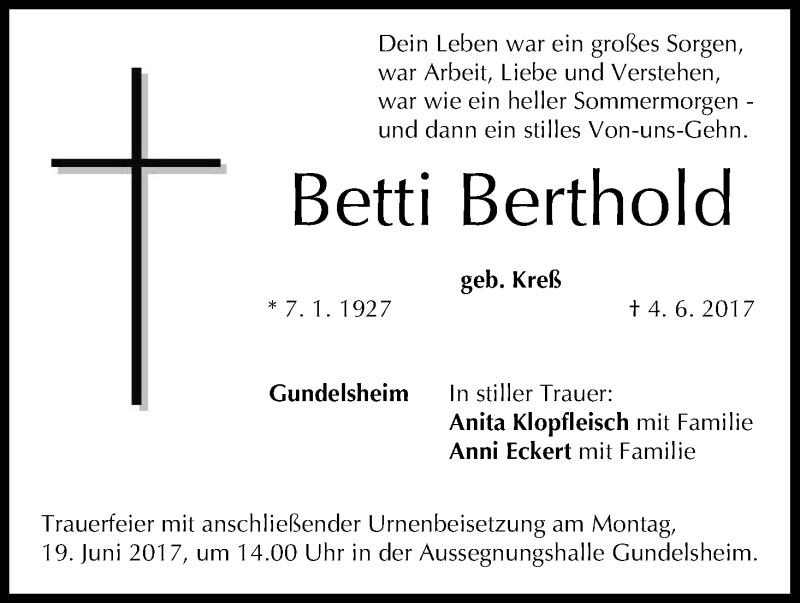 Traueranzeige für Betti Berthold vom 15.06.2017 aus MGO