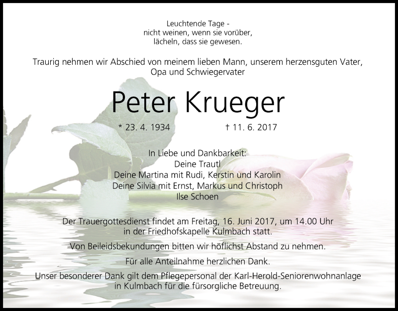  Traueranzeige für Peter Krueger vom 14.06.2017 aus MGO