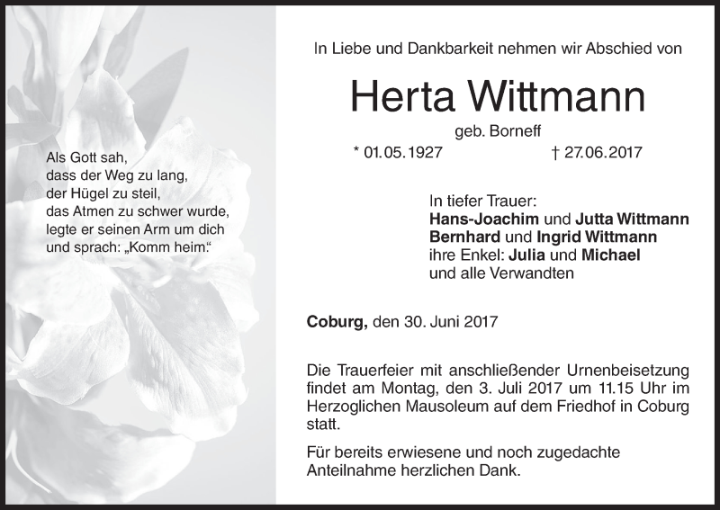  Traueranzeige für Herta Wittmann vom 30.06.2017 aus MGO
