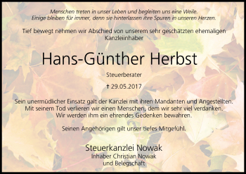 Anzeige von Hans-Günther Herbst von MGO