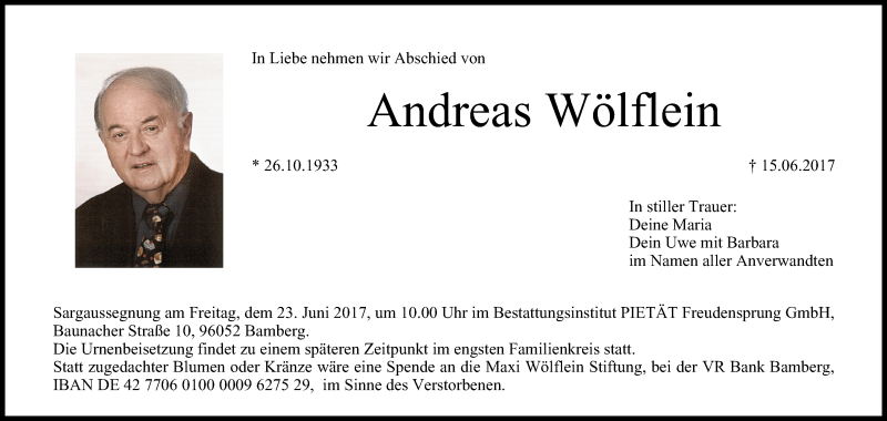  Traueranzeige für Andreas Wölflein vom 21.06.2017 aus MGO