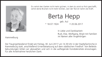 Anzeige von Berta Hepp von MGO