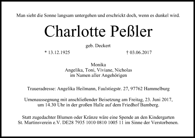  Traueranzeige für Charlotte Peßler vom 21.06.2017 aus MGO