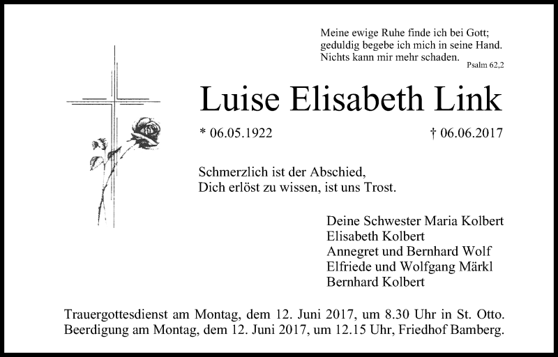  Traueranzeige für Luise Elisabeth Link vom 10.06.2017 aus MGO