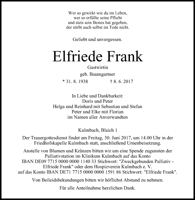  Traueranzeige für Elfriede Frank vom 24.06.2017 aus MGO