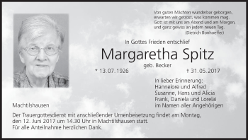Anzeige von Margaretha Spitz von MGO