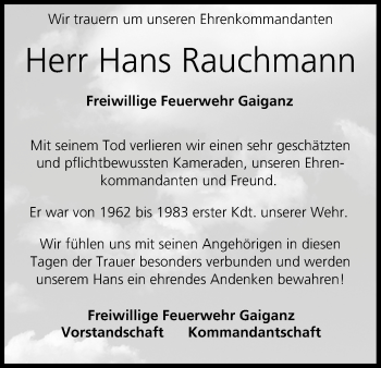 Anzeige von Hans Rauchmann von MGO