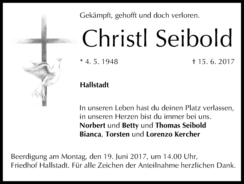  Traueranzeige für Christl Seibold vom 17.06.2017 aus MGO
