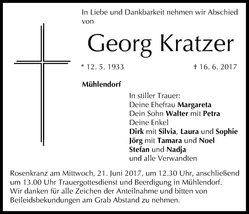  Traueranzeige für Georg Kratzer vom 20.06.2017 aus MGO
