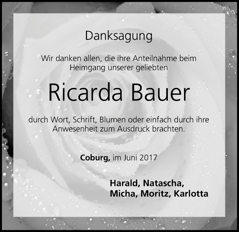  Traueranzeige für Ricarda Bauer vom 10.06.2017 aus MGO