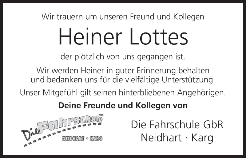  Traueranzeige für Heiner Lottes vom 13.06.2017 aus MGO