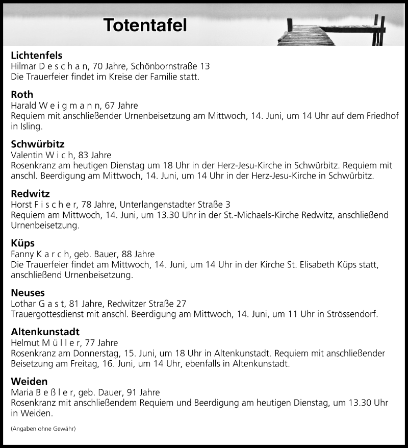  Traueranzeige für Totentafel vom 13.06.2017 vom 13.06.2017 aus MGO