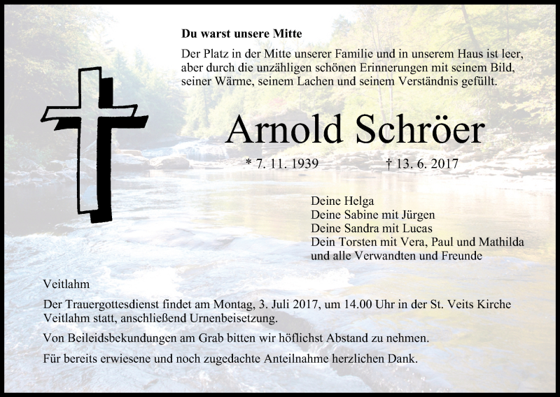  Traueranzeige für Arnold Schröer vom 30.06.2017 aus MGO