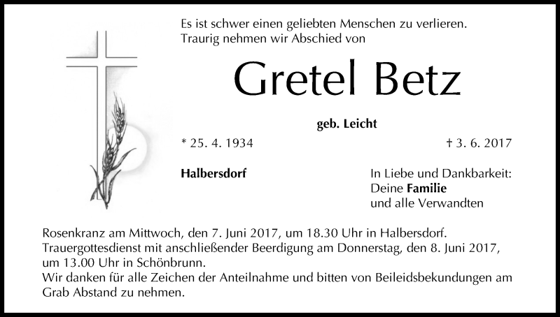  Traueranzeige für Gretel Betz vom 06.06.2017 aus MGO