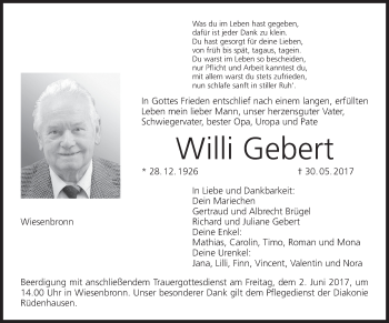 Anzeige von Willi Gebert von MGO