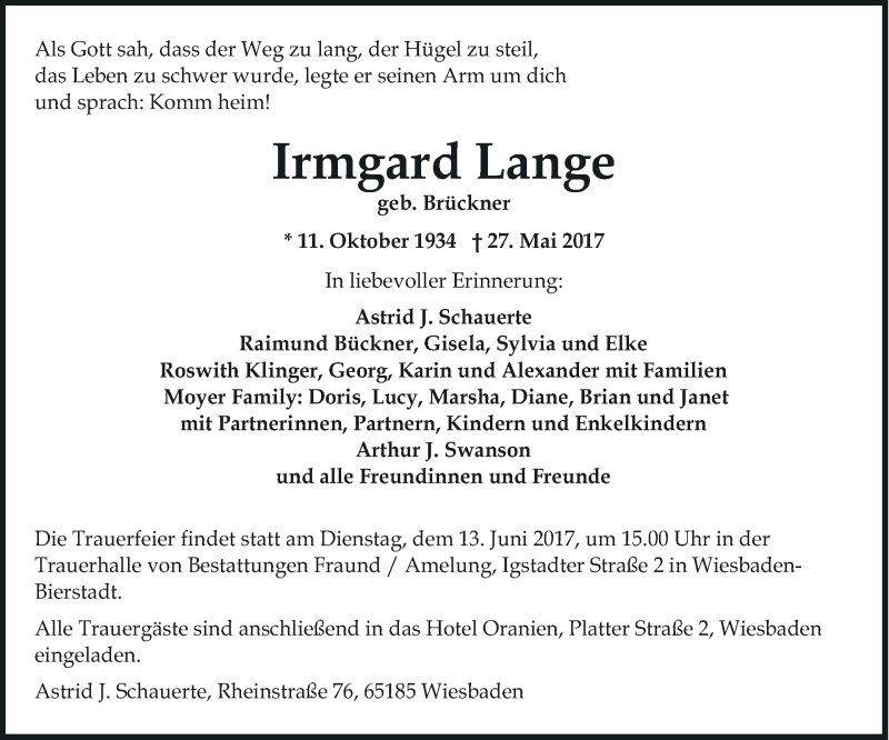  Traueranzeige für Irmgard Lange vom 03.06.2017 aus MGO