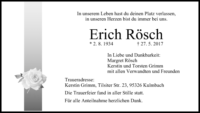  Traueranzeige für Erich Rösch vom 03.06.2017 aus MGO