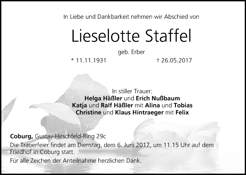  Traueranzeige für Lieselotte Staffel vom 02.06.2017 aus MGO