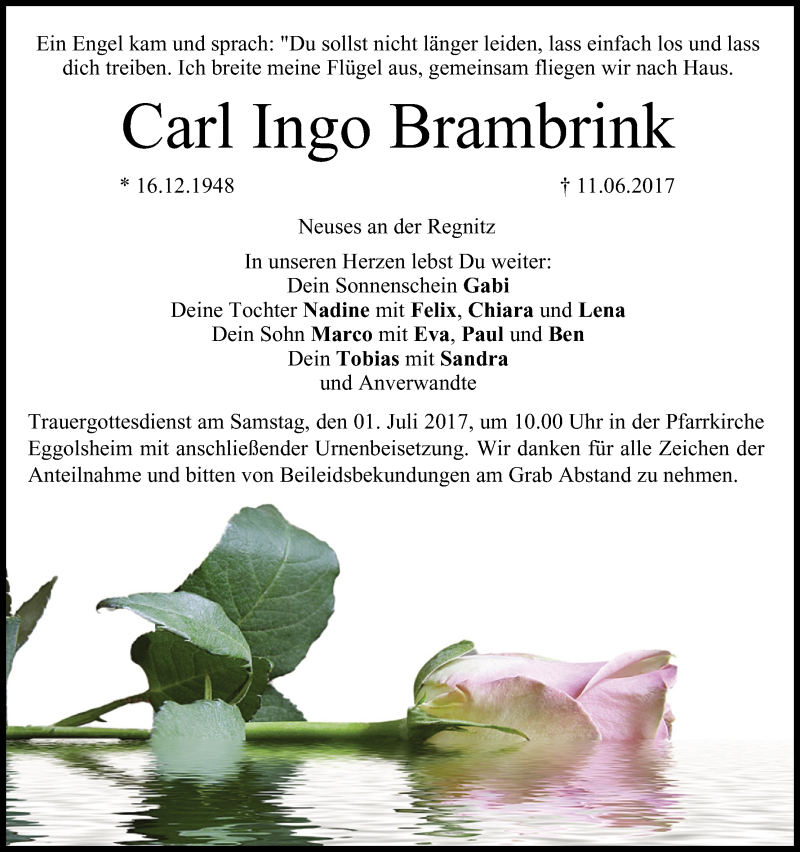 Traueranzeige für Carl Ingo Brambrink vom 24.06.2017 aus MGO