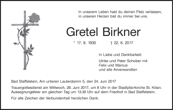 Anzeige von Gretel Birkner von MGO