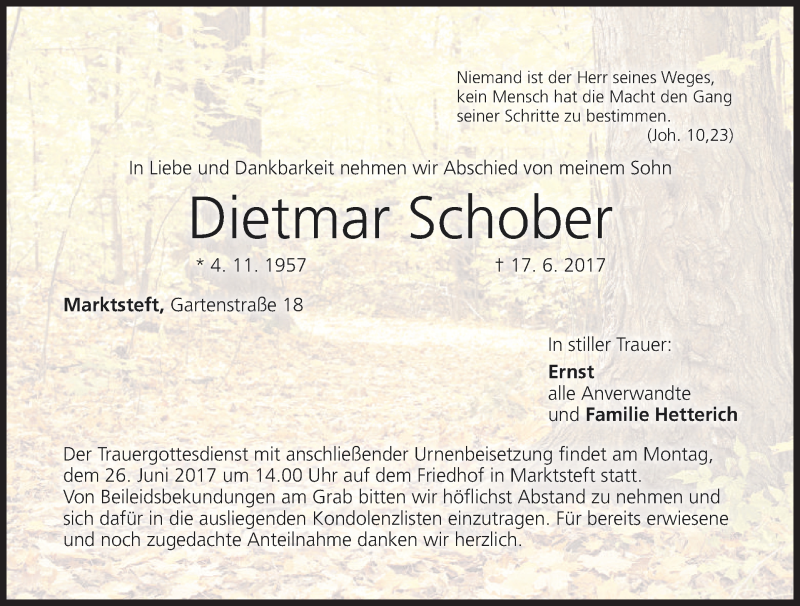  Traueranzeige für Dietmar Schober vom 24.06.2017 aus MGO