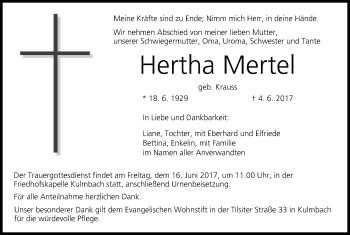 Anzeige von Hertha Mertel von MGO