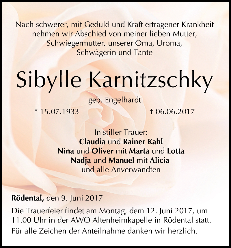  Traueranzeige für Sibylle Karnitzschky vom 09.06.2017 aus MGO