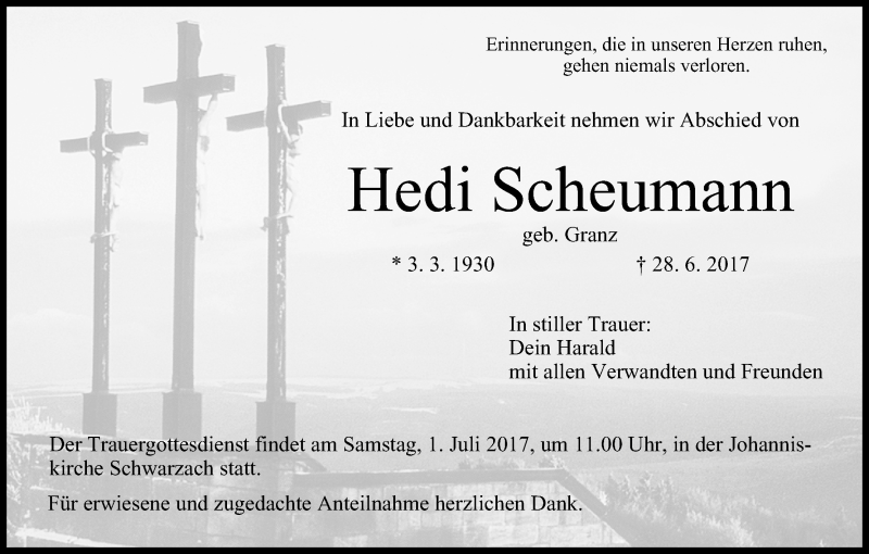  Traueranzeige für Hedi Scheumann vom 30.06.2017 aus MGO