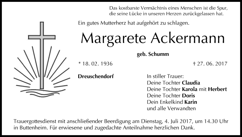  Traueranzeige für Margarete Ackermann vom 29.06.2017 aus MGO