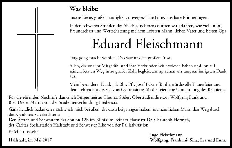  Traueranzeige für Eduard Fleischmann vom 03.06.2017 aus MGO
