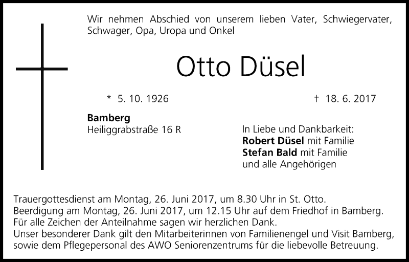  Traueranzeige für Otto Düsel vom 22.06.2017 aus MGO