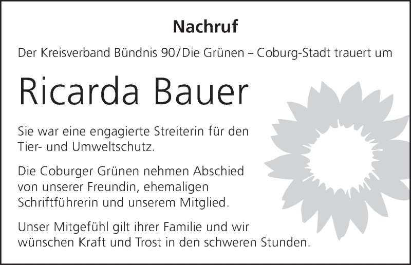  Traueranzeige für Ricarda Bauer vom 10.06.2017 aus MGO