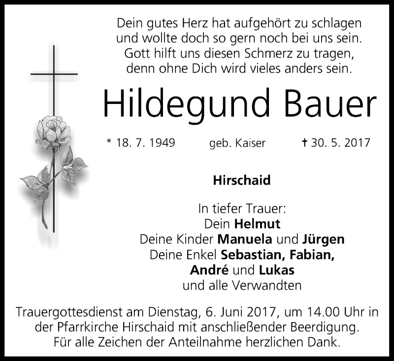  Traueranzeige für Hildegund Bauer vom 02.06.2017 aus MGO