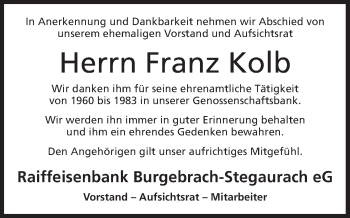 Anzeige von Franz Kolb von MGO