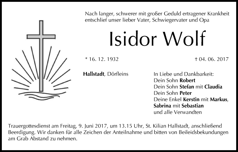  Traueranzeige für Isidor Wolf vom 07.06.2017 aus MGO